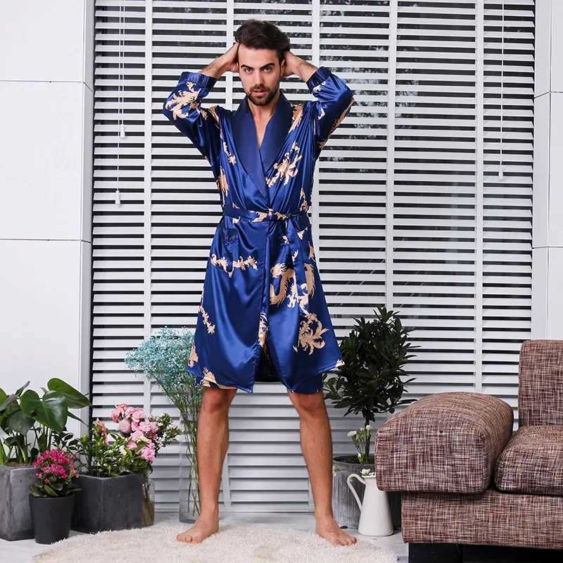 Silk Sleepwear Bathrobe Long Sleeve Pajamas Summer Nightgown Men Clothing Robe Print Silk Pajamas Ice Silk Loungewear NewXJ241018