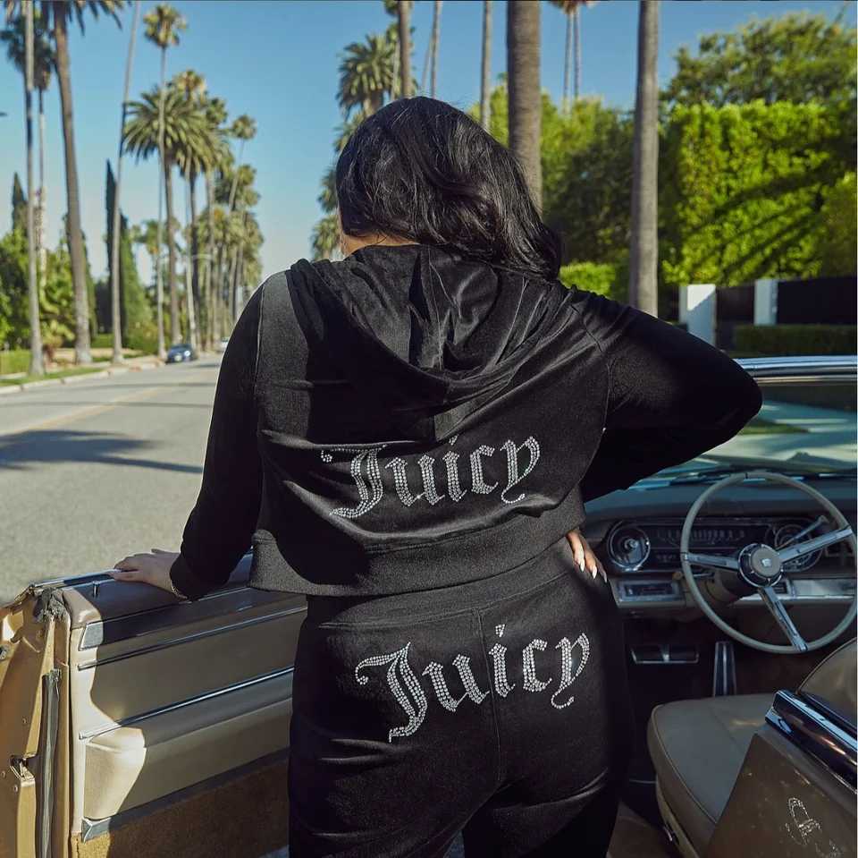 Women's Two Piece Pants Juicy retro classic style velvet sportswear 2 pieces of womens velvet sportswear and pants with diamond crystal Y241019HH