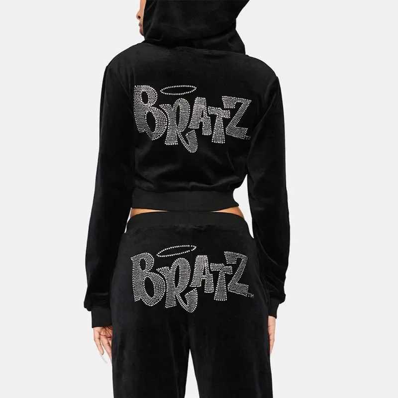 Womens Two Piece Pants Harajuku Womens Zipper Hoodie Oversized Rhinestone Kawaii Jogging BRATZ Printed Sports Pants Y2k Jogging Plush Aesthetic Wome Y