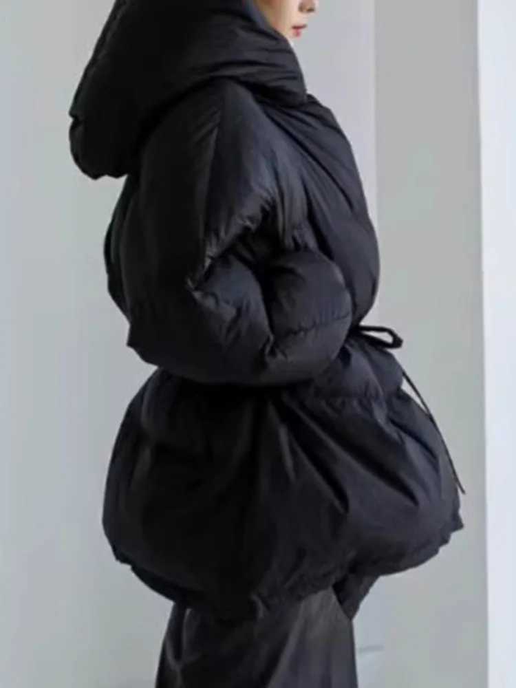Women's Down Parkas Lanmrem high-end black winter jacket womens hooded belt gathered waist warm jacket 2024 new clothing 2AA4243 Y241019MERY