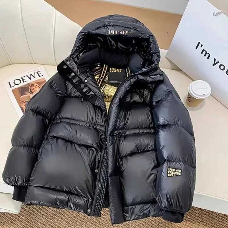 Women's Down Parkas Korean black gold 90% white duck down jacket new womens winter thick warm jacket loose casual womens hooded parkour jacket Y2