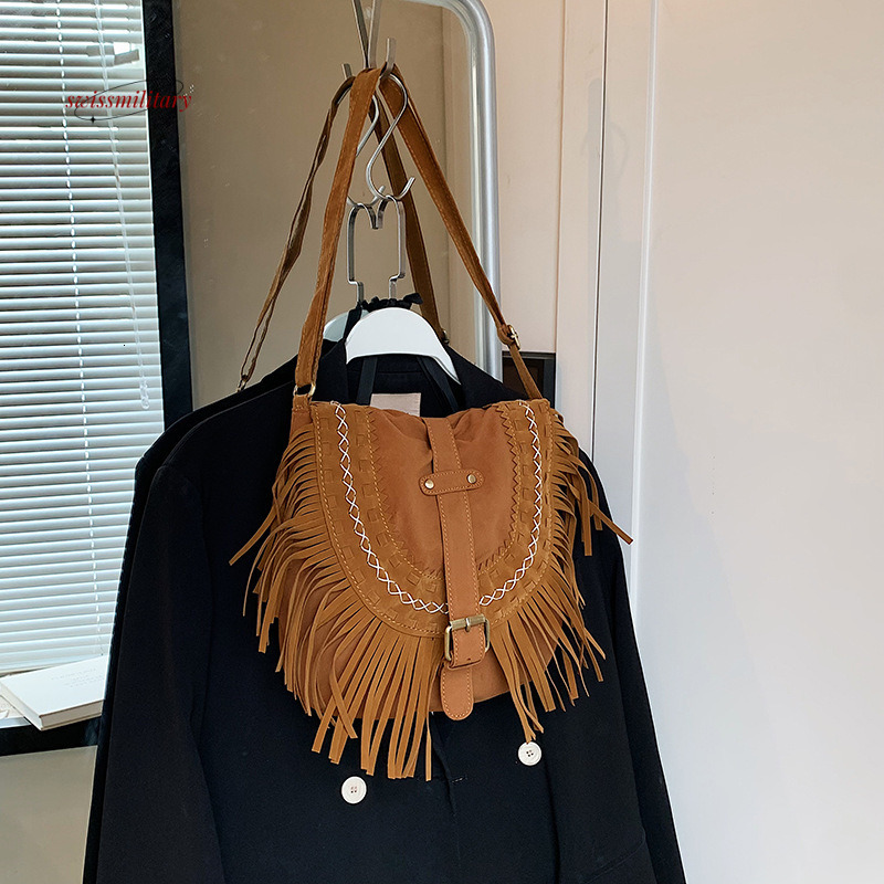 Tassel brown Western cowboy niche ethnic controversy, West Asia crossbody bag, women's trendy travel bag #39 swissmilitary
