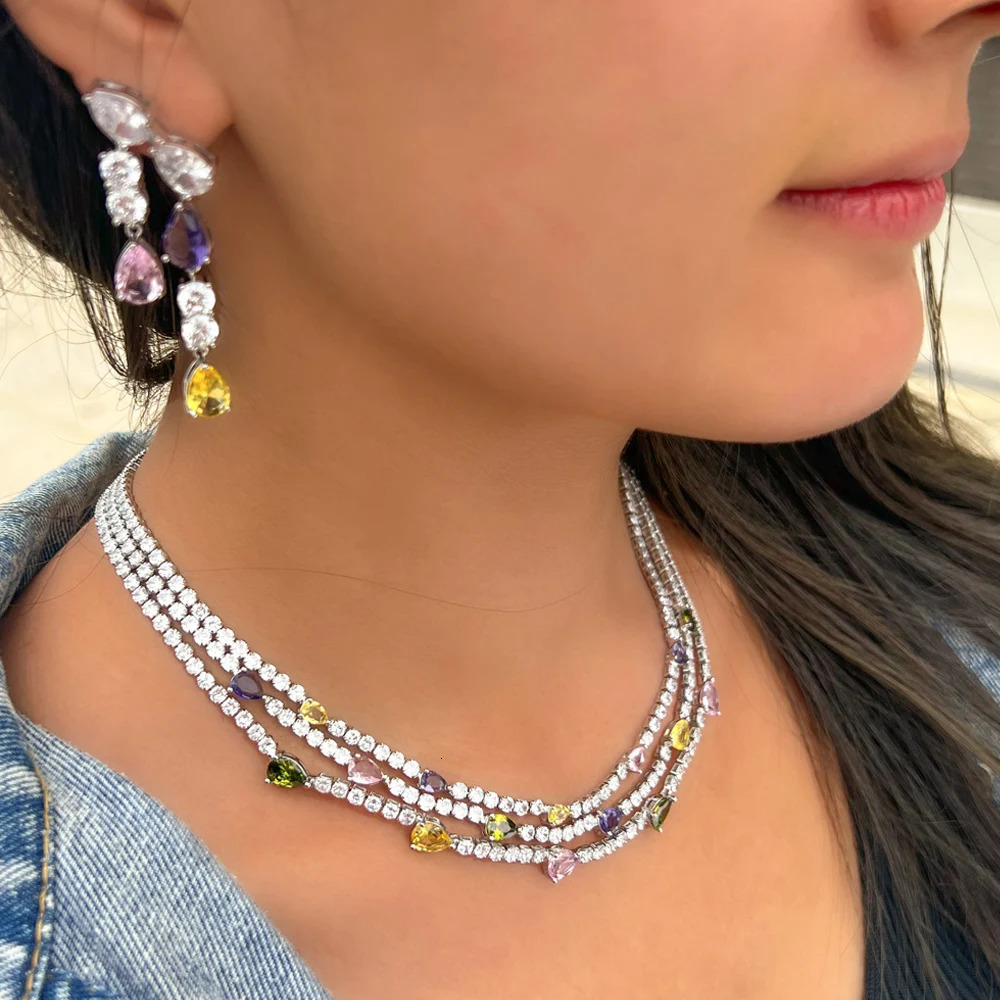Three layers of shiny colored cubic zirconia three rows of multi-layer bridal wedding necklace earrings jewelry set for women TZ784 241018