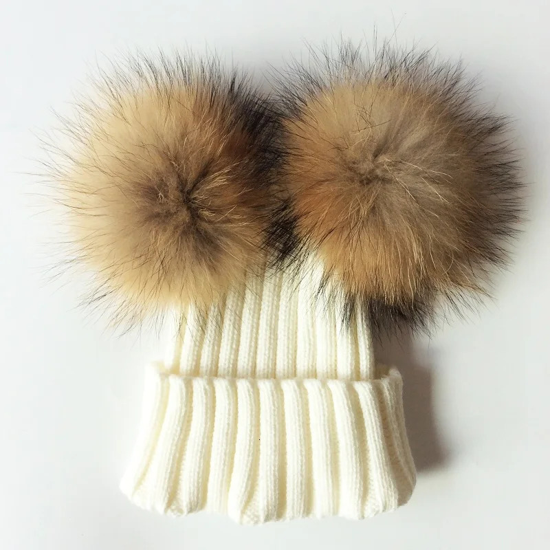Winter crochet double natural raccoon puffy hat suitable for girls a real fur childrens hat high-quality and fashionable childrens hat Beanie Bonnet 2