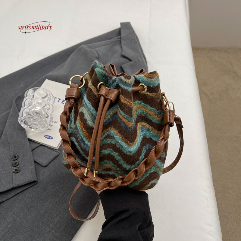 Spring/Summer Bohemian Knitted Pattern Small for Women 2024 New Fashion Color Contrasting Crossbody Pulling Rope Bucket Bag #20 swissmilitary