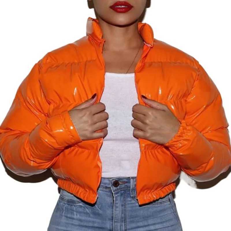 Women's Down Parkas Cropped Stand Collar Puffer Coats for WomenLong Slve ParkaThick JacketsShort ZippersGlossy BubbleWarmWinter Fashio Y241019Q38