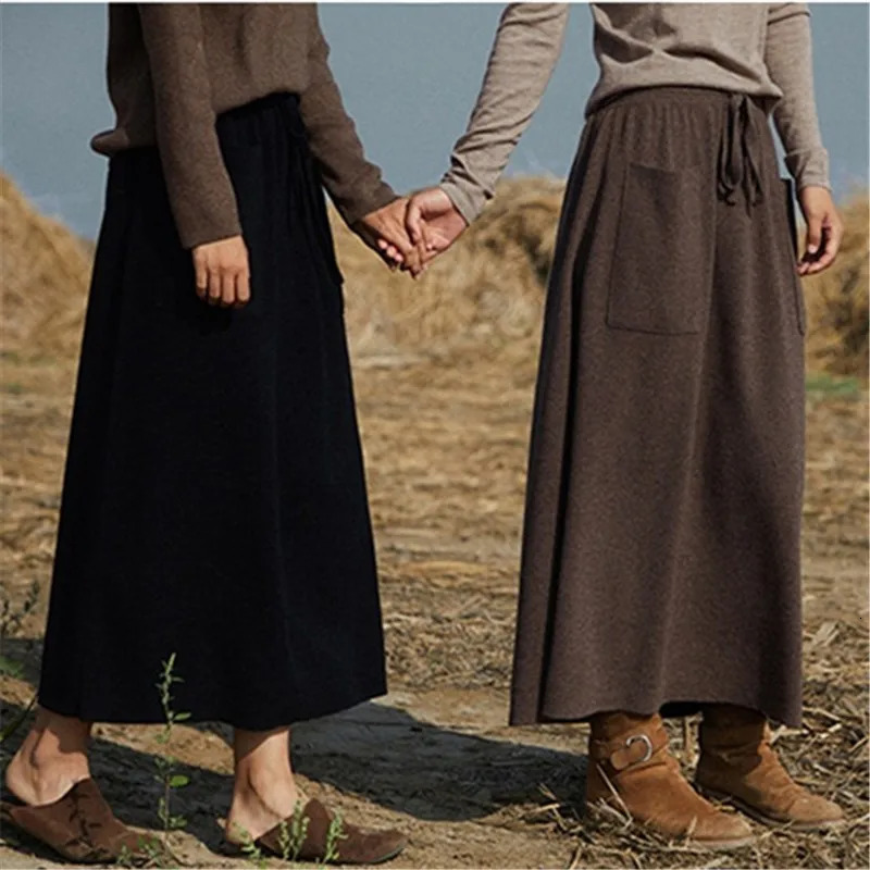 AutumnWinter Cashmere Double Pocket Retro Dress Art Style Versatile Womens Long Skirt 241019