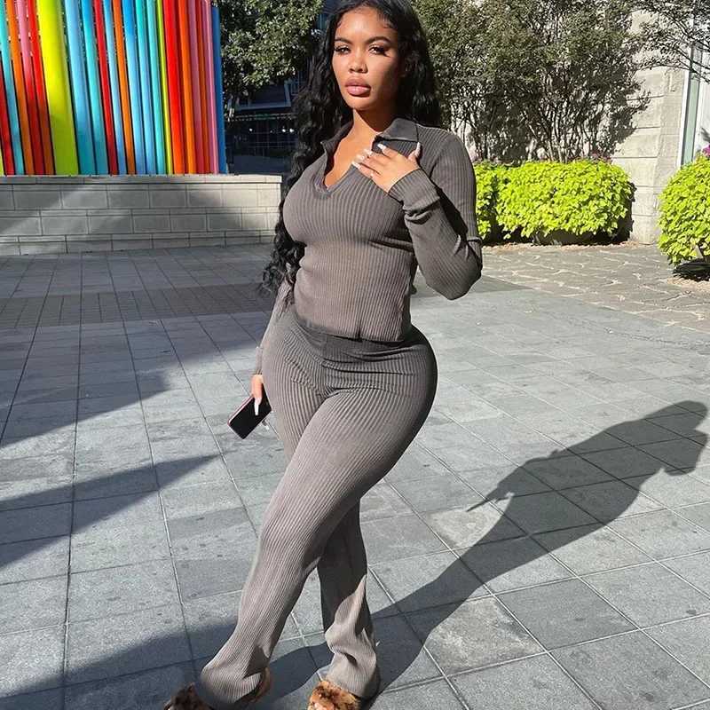 Women's Two Piece Pants Solid knit ribbed two-piece womens winter jacket warm long and wide leg pants matching set casual wear Y241019P30J