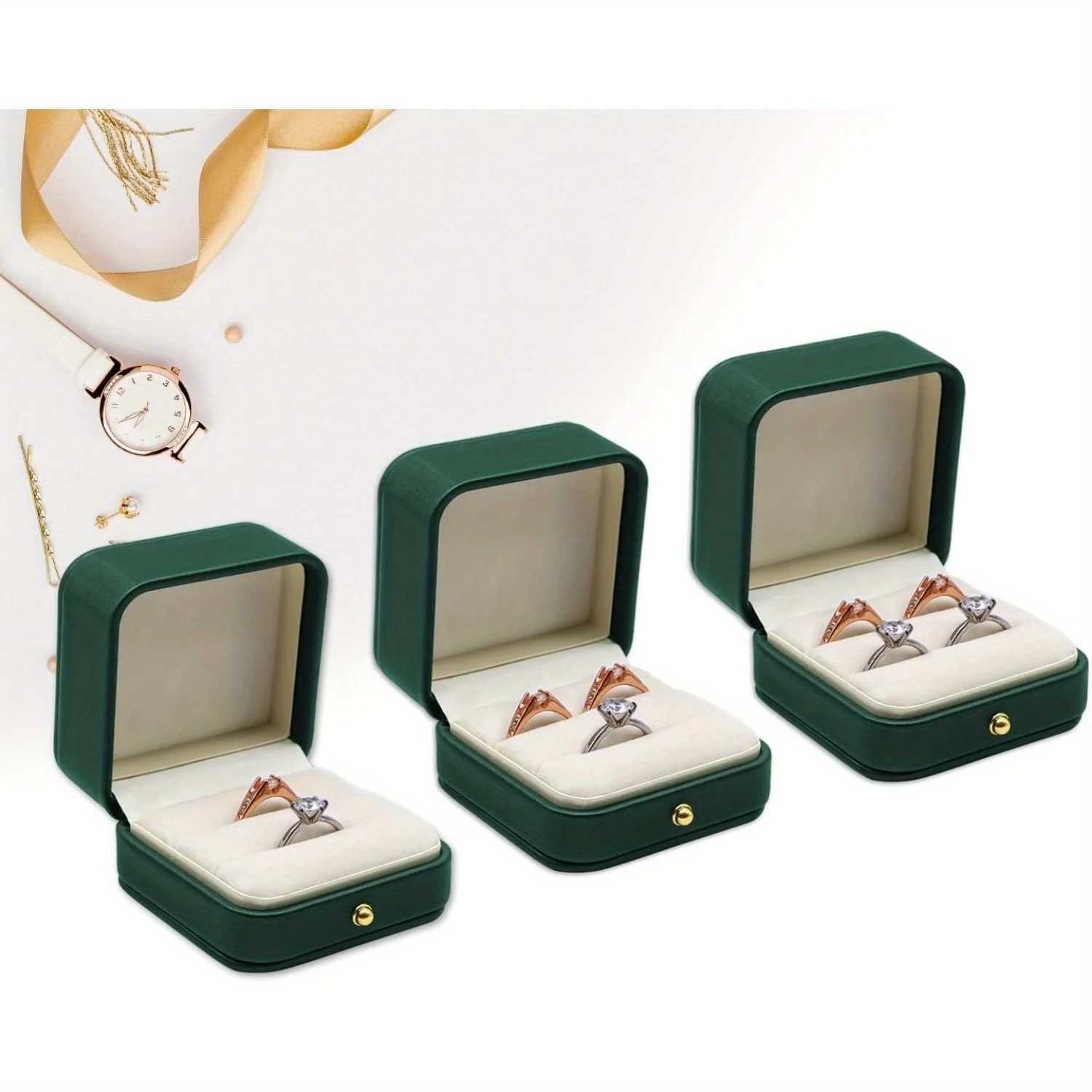 1 engagement ring box wedding ring box square leather velvet ring bearing box high-quality and gorgeous retro double groove R W241019