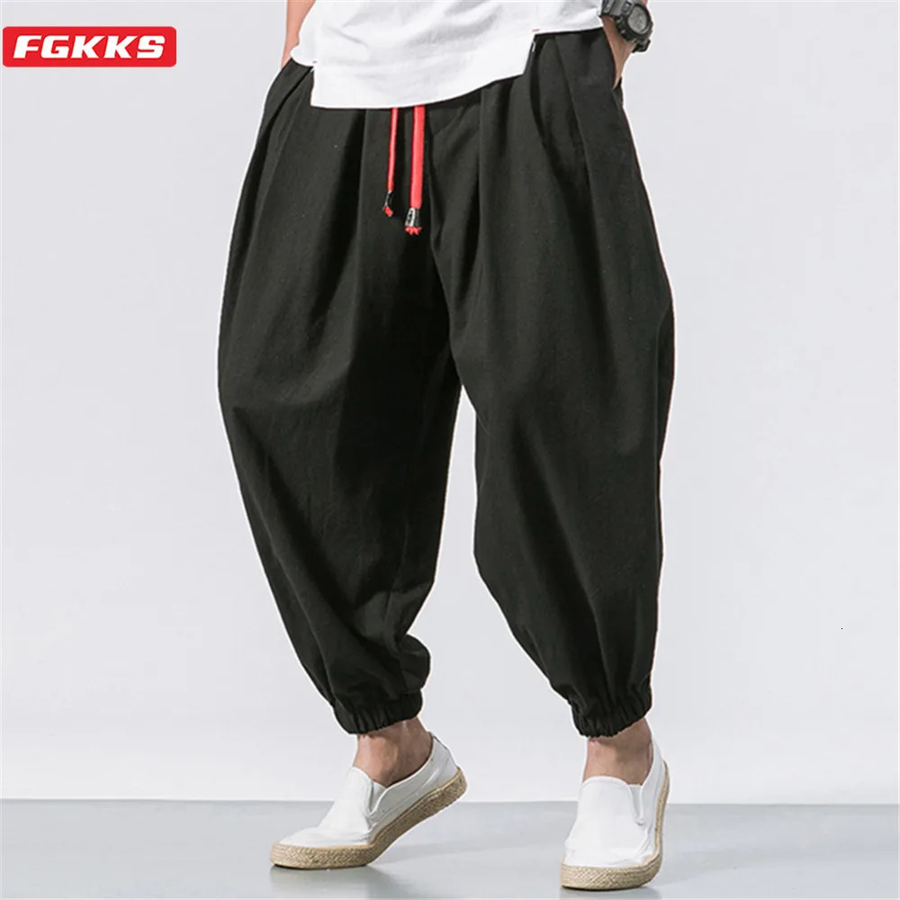 FGKKS Oversize Men Loose Harem Pants Autumn Chinese Linen Overweight Sweatpants High Quality Casual Trousers Male 241009