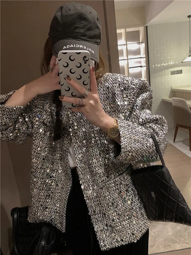 Short Coat Top Tweed Heavy Industry Sequins Jacket Women Clothes Chaquetas Para Mujer Ropa Korean Chic Loose Roupas Femininas 241019