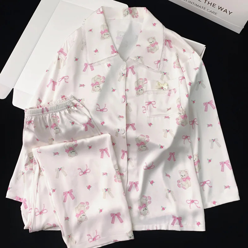 Spring/Summer Womens Fashion Pajama Home Set Ice Silk Pajama Comfortable Casual Long Sleeve Home Clothes Real S 241009