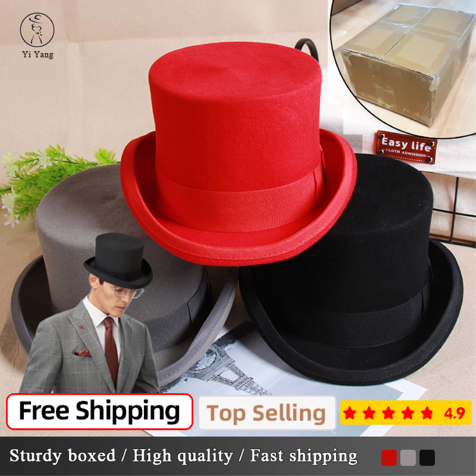 2024 wool flat top mens hat fashion Fedora Versatile magic hat gentleman cylindrical shoulder strap steampunk hat elegant black luxury 241018