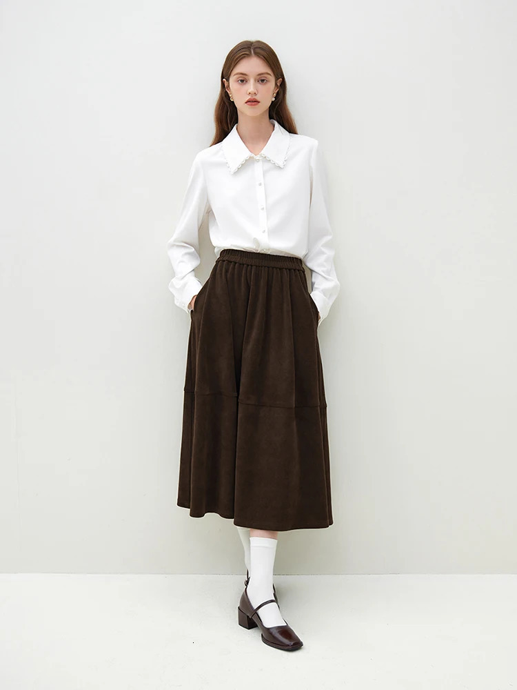 FSLE French Literary Retro Velvet Solid Color Skirt for Women Winter Elastic Highwaisted Corduroy Aline Female 241019