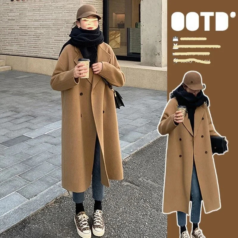 Womens camel cashmere coat long jacket double row buttons autumn and winter fashionable wool jacket 241019