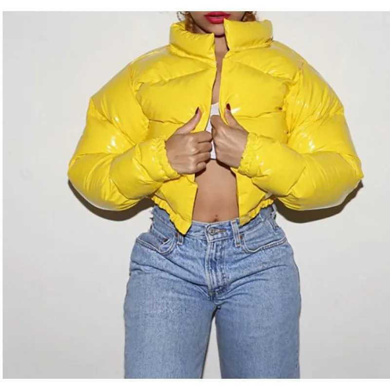 Women's Down Parkas Cropped Stand Collar Puffer Coats for WomenLong Slve ParkaThick JacketsShort ZippersGlossy BubbleWarmWinter Fashio Y241019Q38