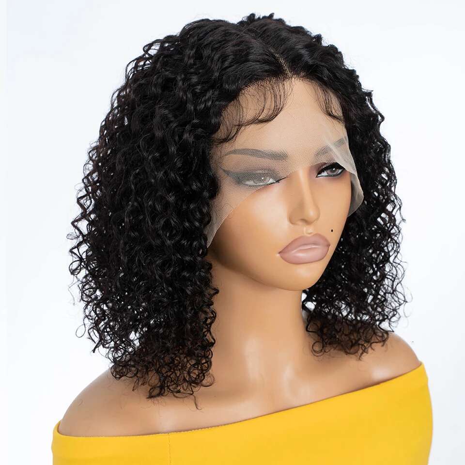 Peruvian Deep Curly Bob Natural Black Color Brazilian HD Front 13x6x1 Transparent T Part Lace Hair Wigs