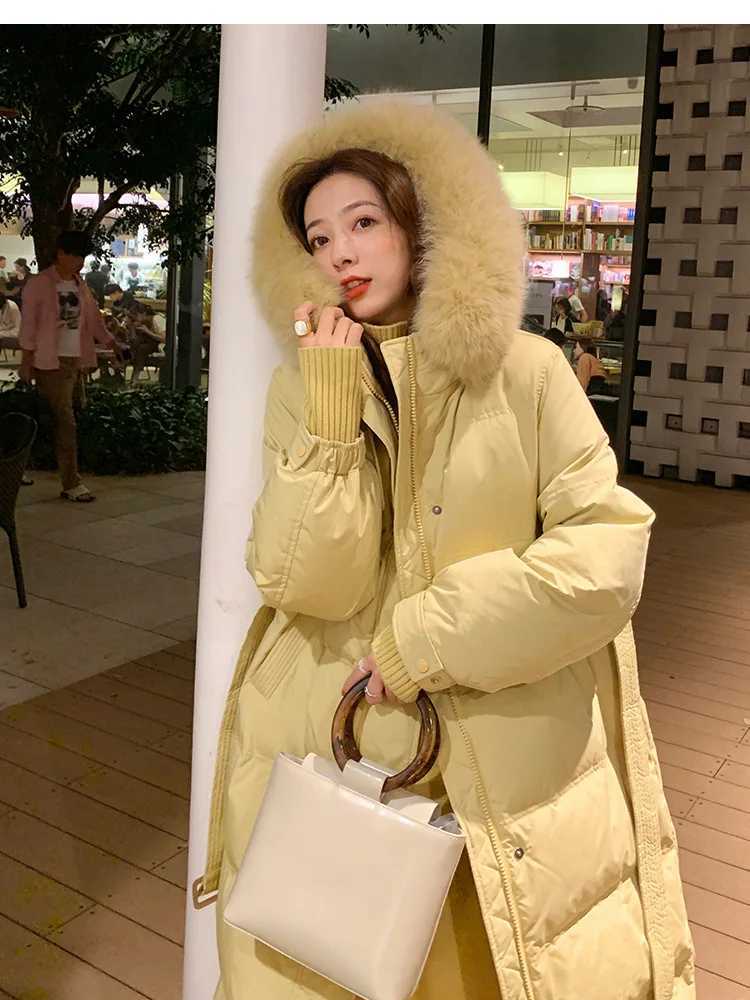 Winter Big Fur Collar Warm Parka Down Jackets Women White Duck Down Jacket Hooded Thick Neck Long Knee Length Down Coat FemaleX241019