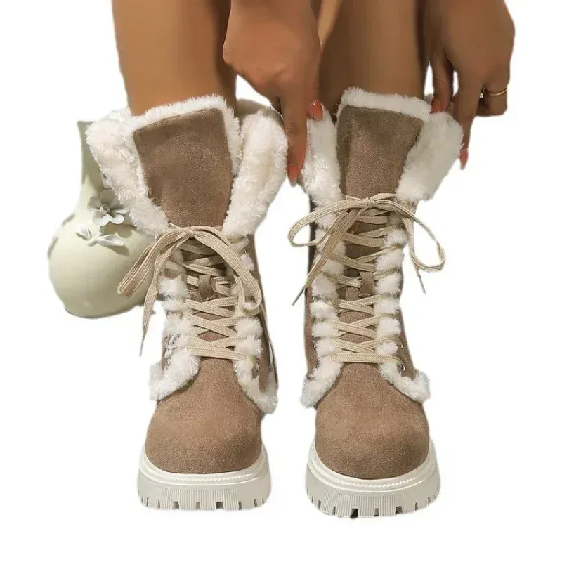 Thicken Plush Snow For Women Winter Faux Fur Platform Ankle Boots Woman Mid-Calf Lace-Up Womens Boots Thickened Cotton Shoes