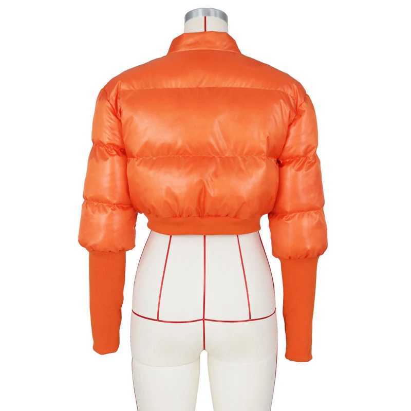 Women's Down Parkas Orange Cropped Puffer Jacket Womens 2024 Autumn/Winter Warm Long Sleve Zipper Bubble Quilted Coat Womens Lightweight Coat Y24