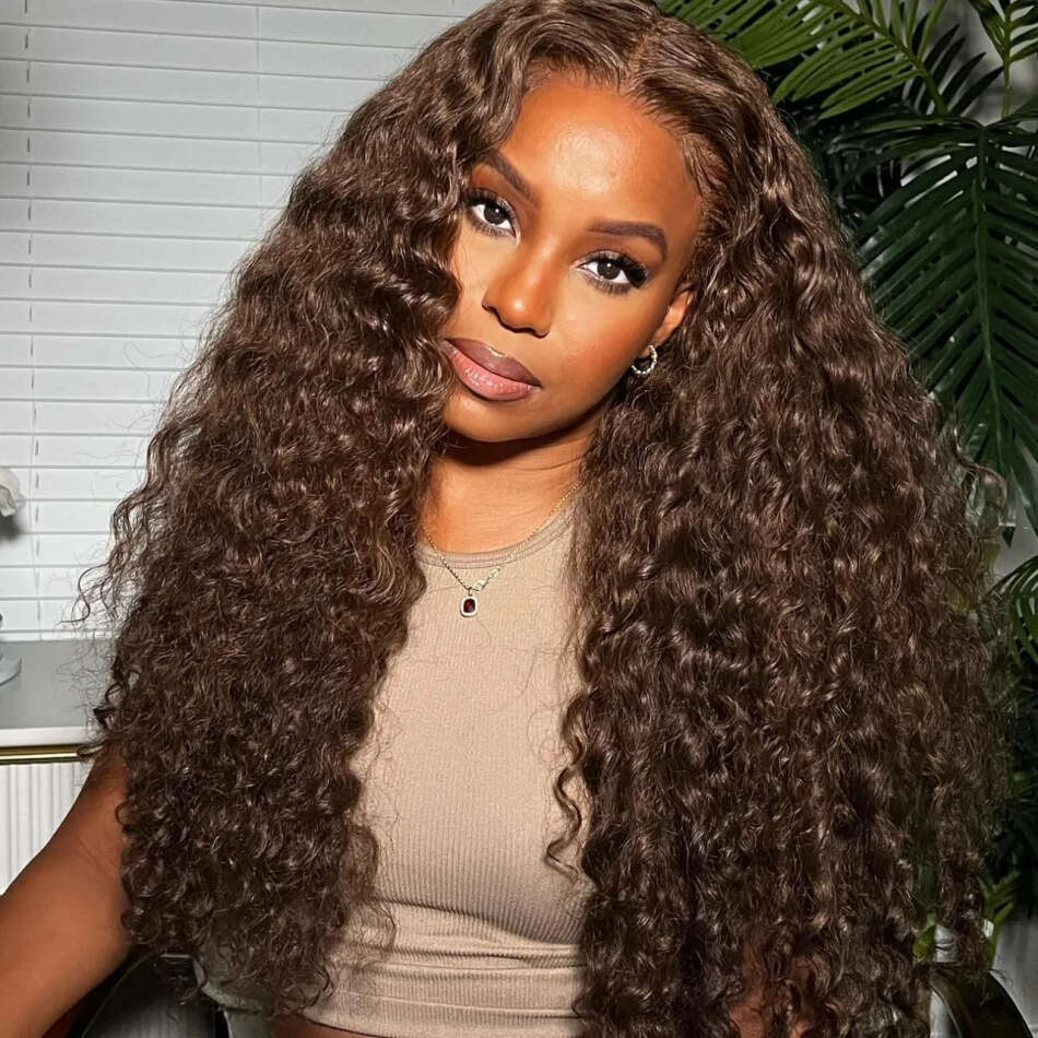 13x4 Kinky Curly Chocolate Brown Front Human Hair Wigs For Women Pre Plucked Colored Deep Wave Transparent Lace Frontal Wig