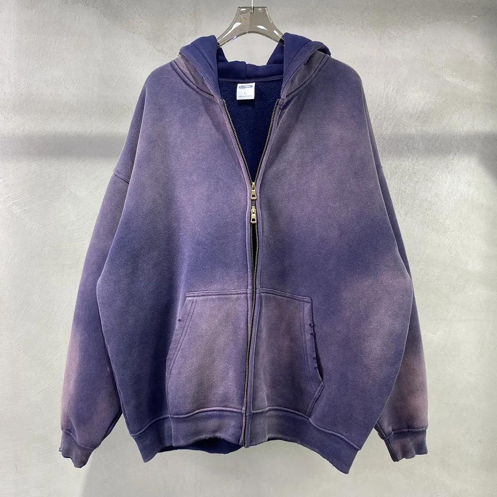 Batik fleece zippered destoryed hoodie washed high quality street hooded 241019