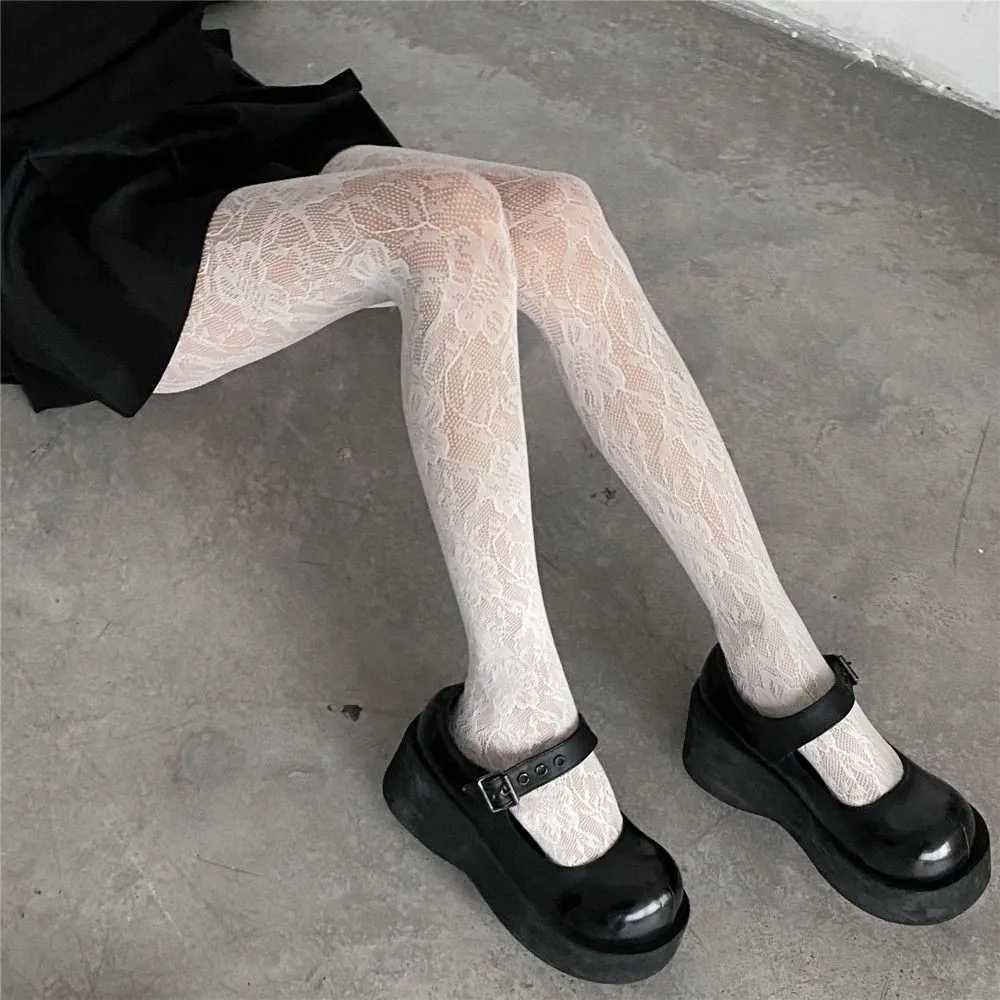 Socks Hosiery Y2k Fashion Gothic Flower Hollow Out Sexy Pantyhose Women Fishnet Wine Red Ins Hot Girls JK Tights High Elastic Hipster Leggings Y240833