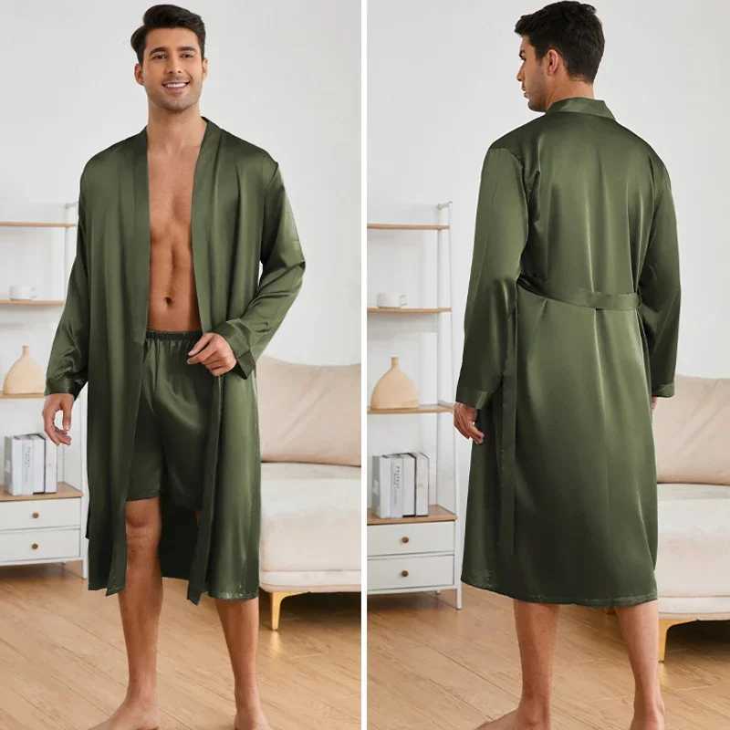 2PCS Pajamas Suit Mens Soft Kimono Bathrobe Gown Lounge Wear Robe Shorts Loose Casual Home Clothes Simple Satin Silk SleepwearXJ241018