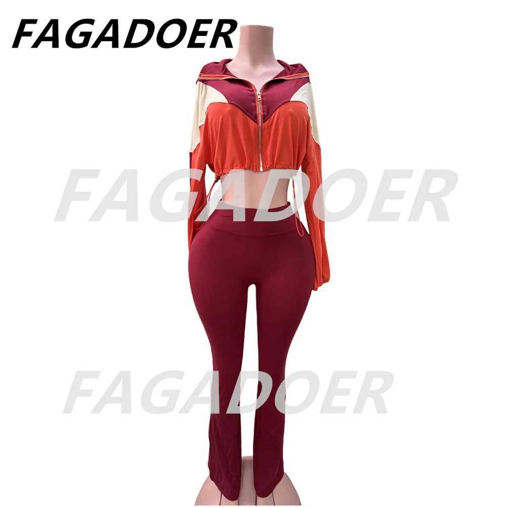 Women's Two Piece Pants FAGADOER Color Block Strt 2 Piece Set Outfit Casual Zip Drawstring Crop Top + High Waist Flare Pants Suit Autumn New Acti