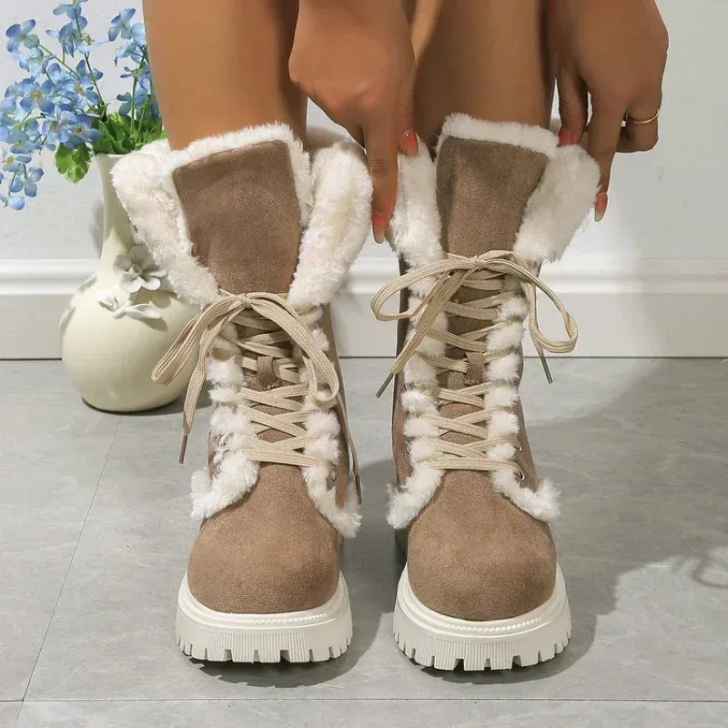 Thicken Plush Snow For Women Winter Faux Fur Platform Ankle Boots Woman Mid-Calf Lace-Up Womens Boots Thickened Cotton Shoes