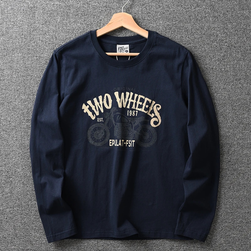 Autumn American Retro Long Sleeve O-neck Motorcycle Printed T-shirt for Men Simple 100% Cotton Laundry Casual Sports Top 241019