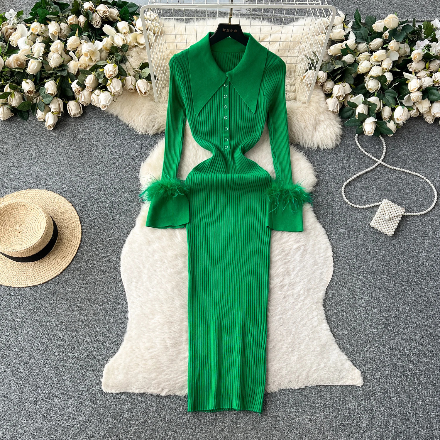 YuooMuoo Women Dress Autumn Winter Elegant Fur Long Sleeve Knitted Sweater Dress Chic Lady Wrap Hips Bodycon Long Vestidos 241010