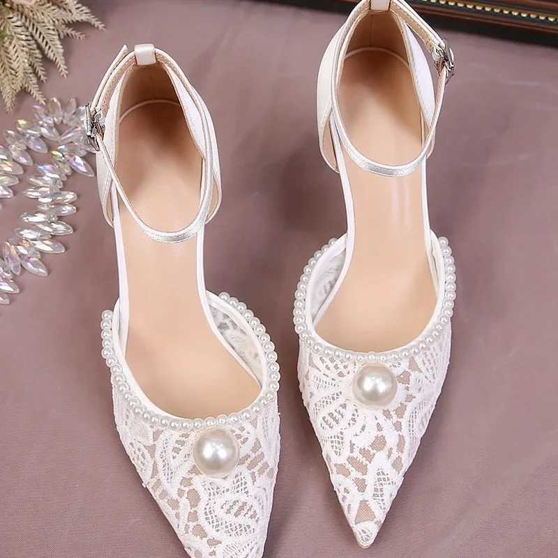 New single strap toe hollow sandals for women French lace wedding dress bridal shoes mesh pearl high heels Y241019