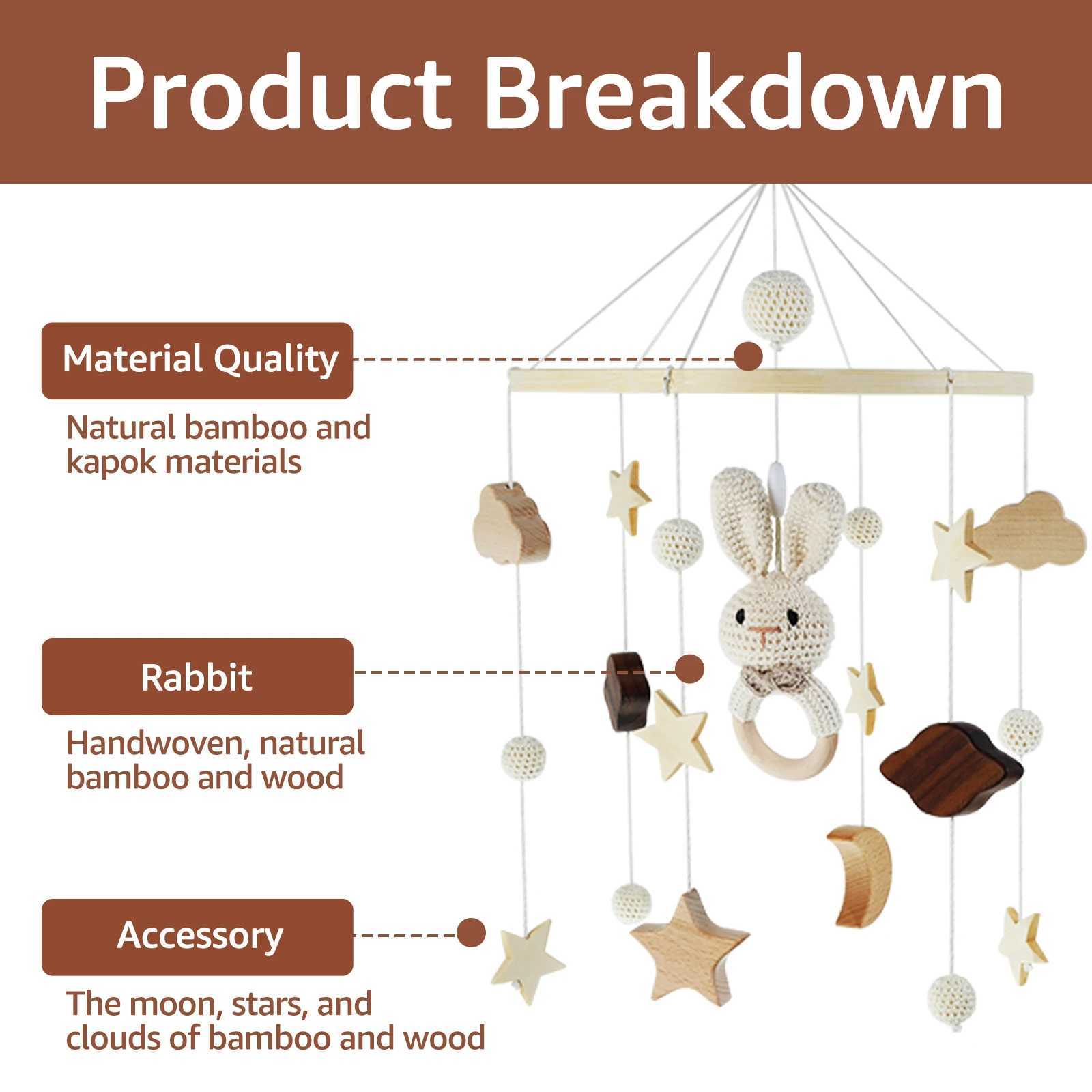 New baby crib baby crib hanging wooden baby crib bell cute rabbit animal wooden crochet mobile baby toy bed pendant W240815