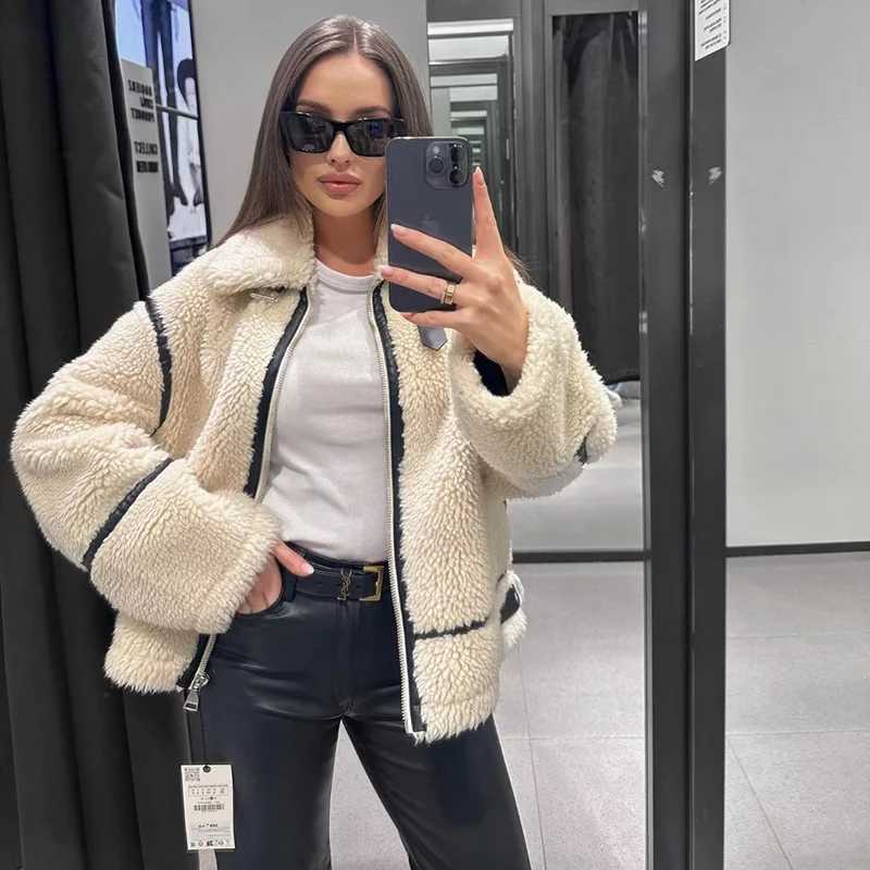 Women's Down Parkas Autumn Winter New Loose Lamb Fur Parka Cashmere Warm Thicken Long Slve Suede Jacket Strtwear Shpskin Winter Thick Outwear Y24