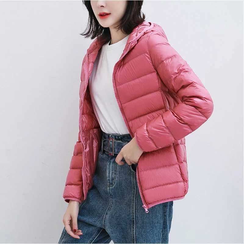 Women 90% White Duck Down Jacket Autumn Female Ultra Light Down Jackets Slim Solid Long Sleeve Hooded Parkas Candy ColorX241019