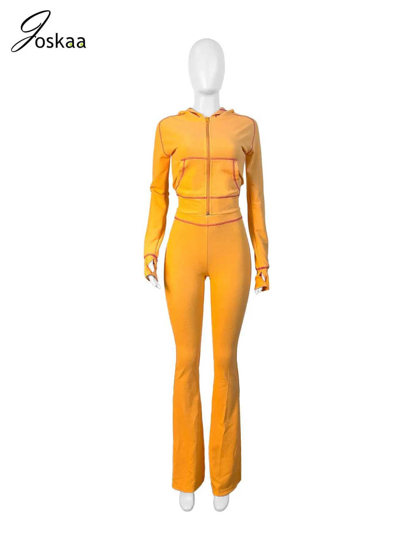 Womens Two Piece Pants Joskaa Line Splicing Sports 2piece Womens Casual Long Sleve Hooded Jacket and Miniature Flared Pants Matching Track and Field W