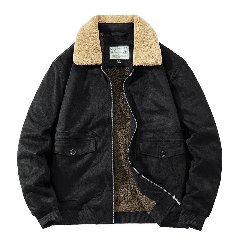 Autumn and Winter Suede Jacket Wool Mens Fur Collar Leather Jacket Mens Thick Warm Bomber Jacket Windshield Park 241007