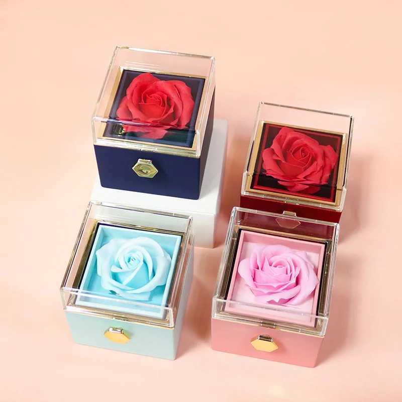 New Rotating Rose Jewelry Gift Box Valentines Day Wedding Acrylic Ring Box Necklace Storage Rose Jewelry Display Stand W241019