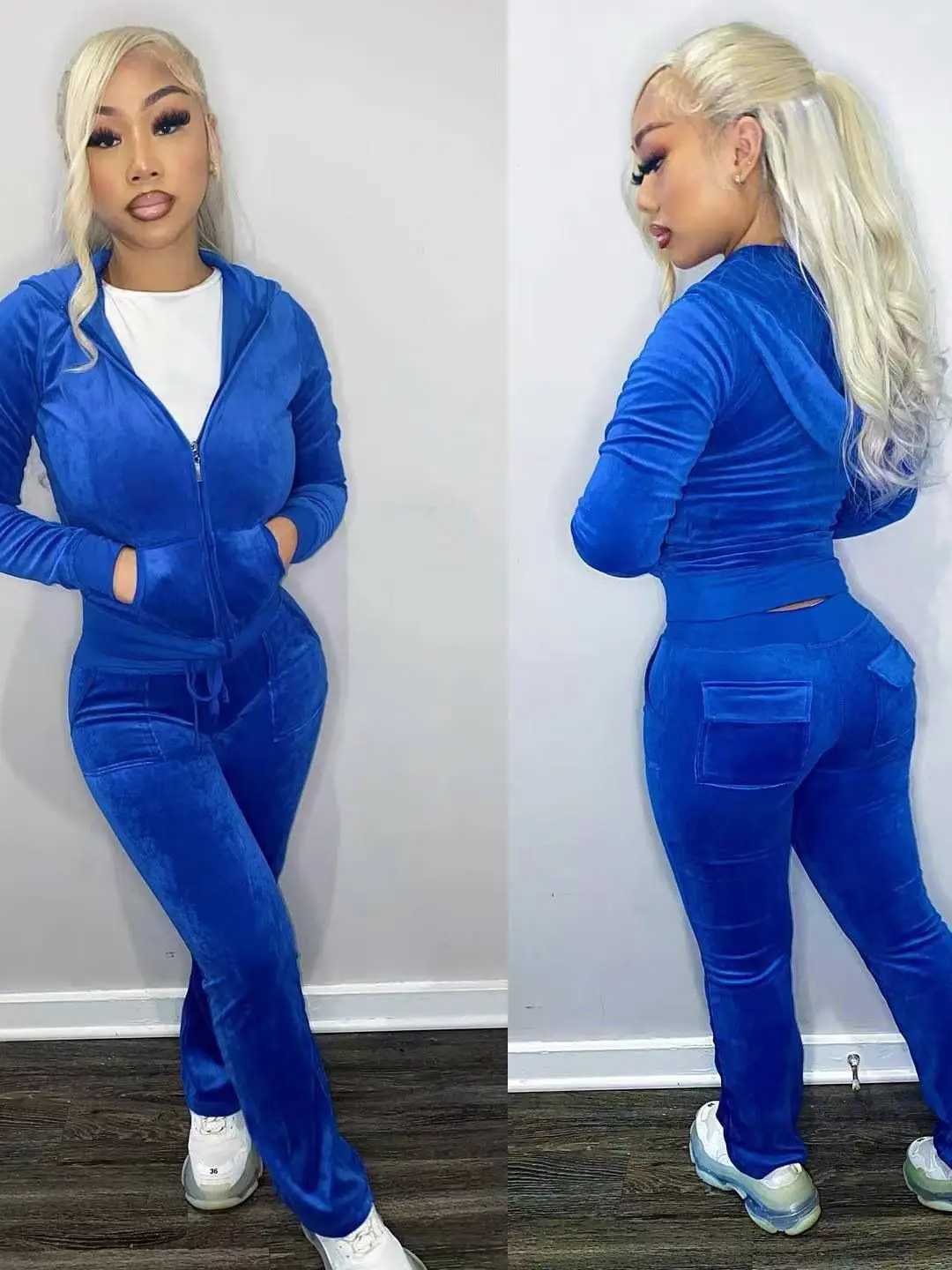 Womens Two Piece Pants Velvet tight fitting jumpsuit womens twopiece zipper hoodie topsports pants matching set lounge clothing sportswear jogging w Y