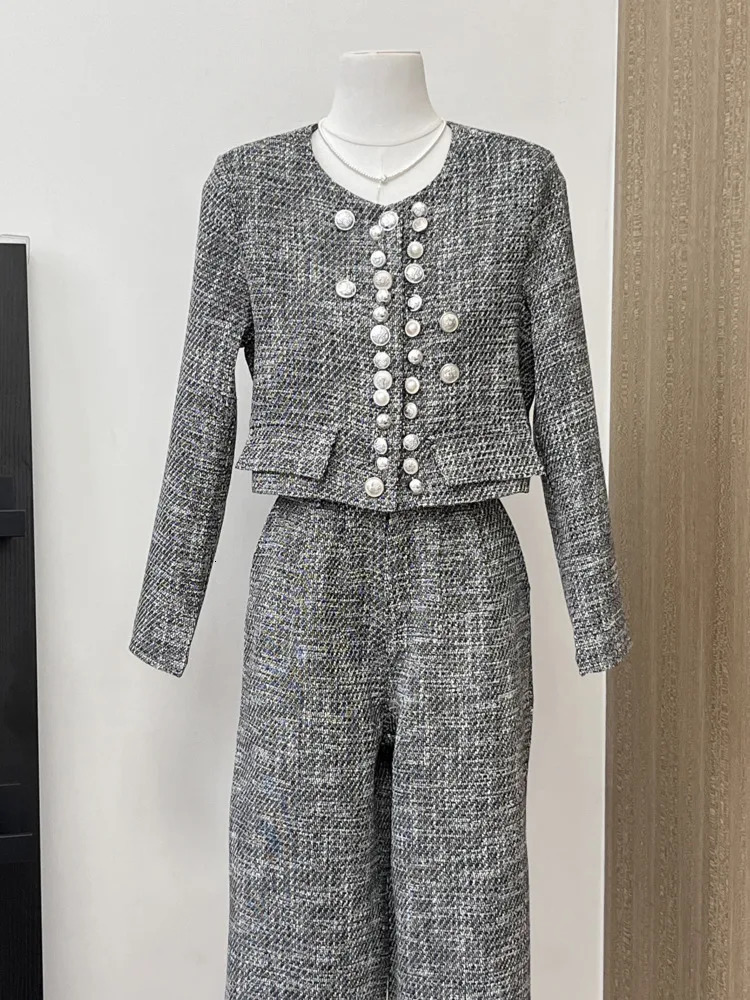 High Quality Tweed Two Piece Set Women Jacket Coat Pant Suits Fashion Casual 2 Sets Outfit Conjunto Femininos 241019
