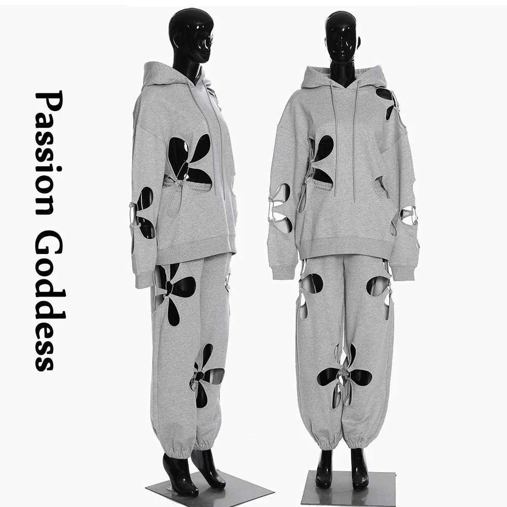 Women's Two Piece Pants Women 2 Piece Tracksuits Petal Cutout Sweatsets Hoodies Sweatshirts Drawstring Sweatpants Flower Hollow Out Two Piece Out