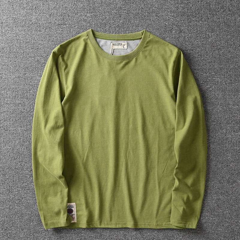 Mens long sleeved comfortable bottom shirt made of pure cotton washed with sand solid color T-shirt casual and fashionable multi-color 241018