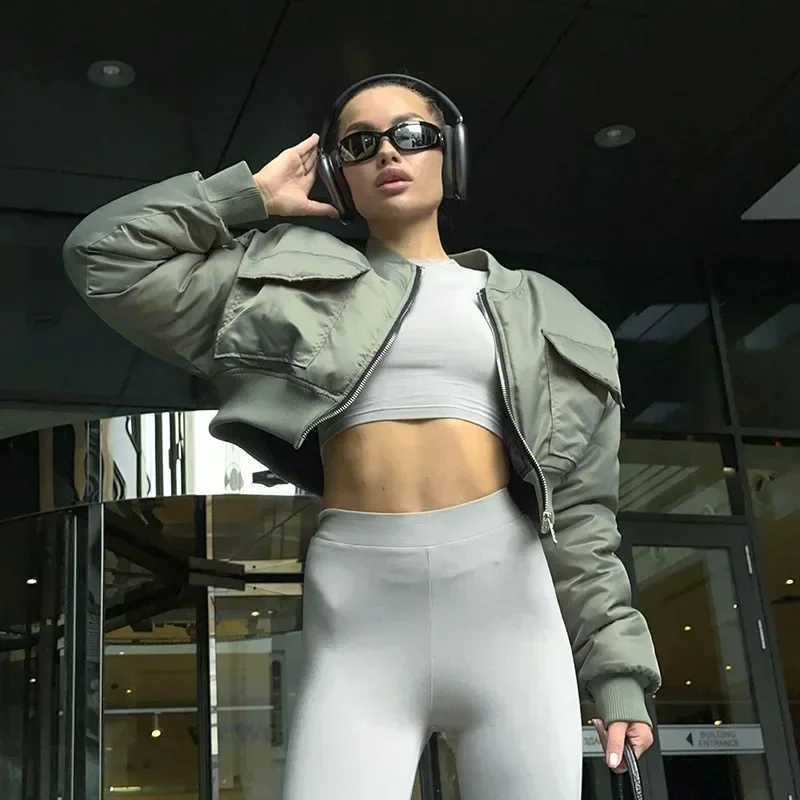 Women's Down Parkas Fashion Women Big Pockets Bomber Jacket Slim Waist Zipper Crop Jackets Outerwear Moto Biker Coats BF Punk Coats Jackets Autum