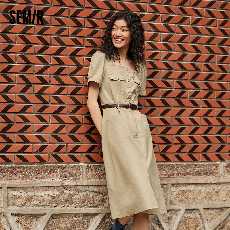 Semir Women Square Neck Split Midi 2024 Summer New Salt-Washed Utility Dress With Vintage Vibes