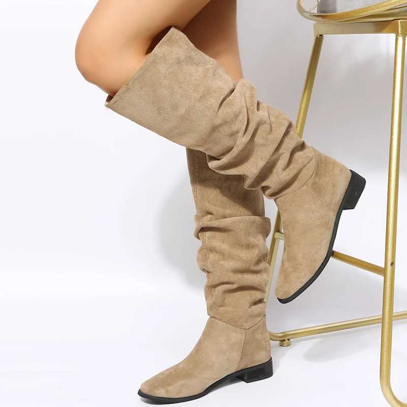 Womens pleated knee high boots autumn new item plus size thick high heels womens outdoor casual womens shoes Y241019