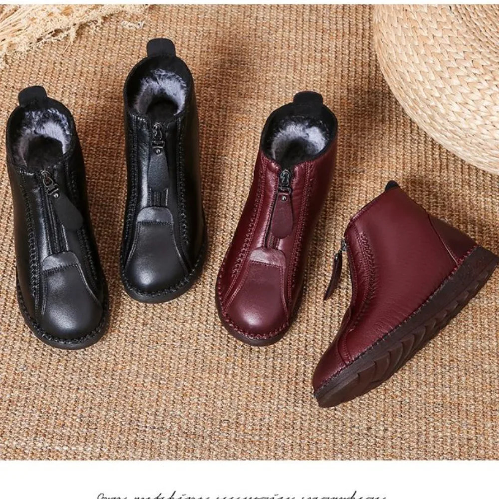 Winter womens ankle boots fashionable and warm mothers boots flat bottomed comfortable non slip front zipper closure womens shoes 241018 ww