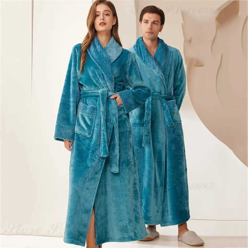 Thicken Warm Flannel Mens Kimono Bathrobe Gown Home Clothes Couples Long Robe Autumn Winter Coral Fleece Sleepwear Lounge WearXJ241018