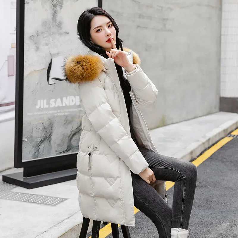 Parkas Women 2024 Winter New Fashion Slim White Duck Down Coat Female Thick Fur Collar Hooded Warm Large Size Long Down JacketX241019