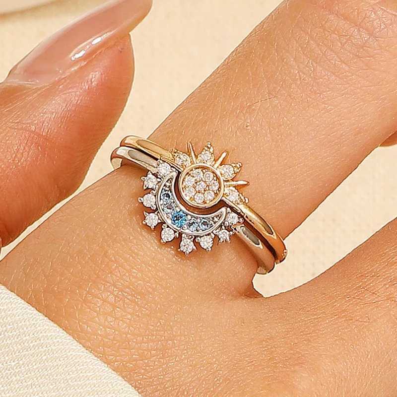 2-piece/set couple ring set sky blue sparkling moon and sun rings fashionable womens stackable finger set engagement jewelry Y241019